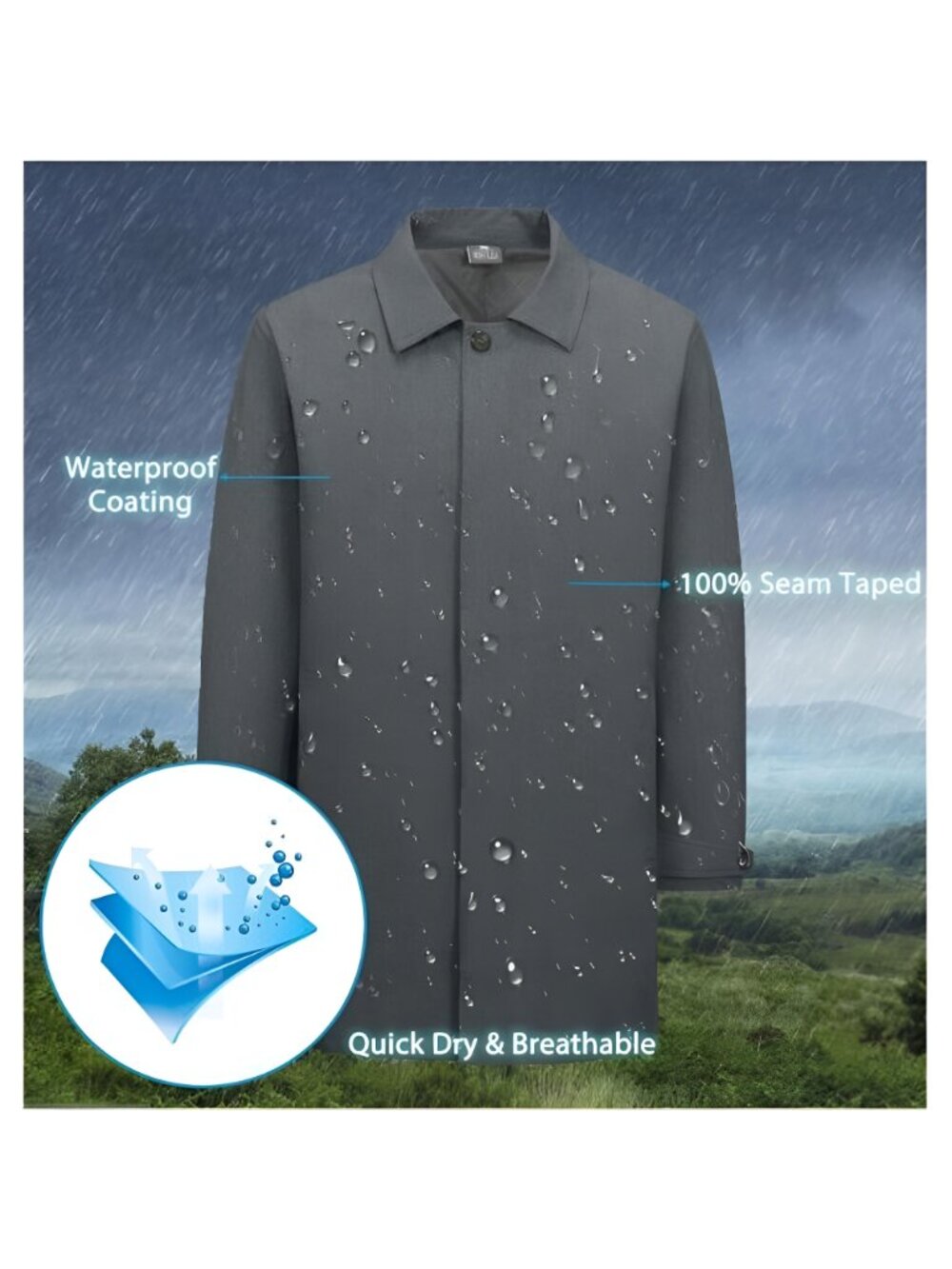 Men's Waterproof Mid-Length Trench Coat, Lightweight Rain Coat - Picture 4 of 7